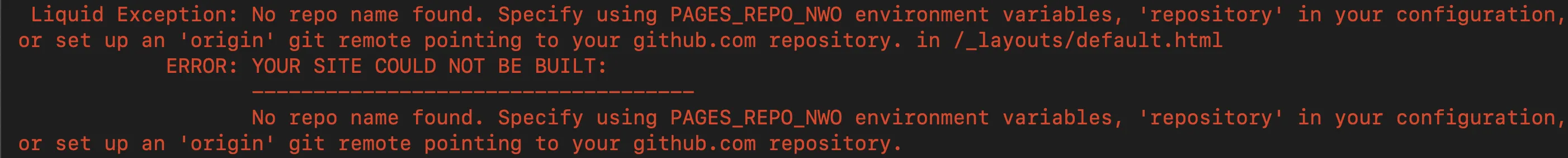 Terminal output showing a Liquid exception while running the template locally